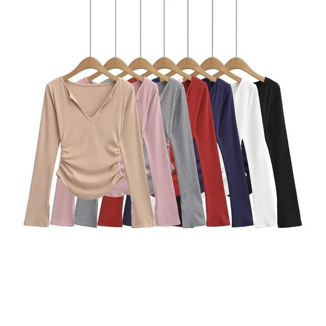 Asiris-Long-Sleeve V-Neck Plain Crop Top