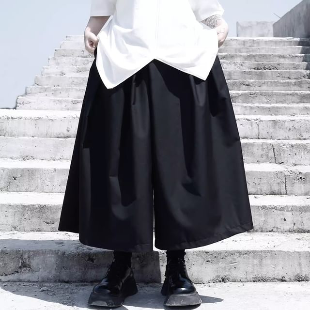 Ravenstem-Mid Waist Plain Cropped Wide Leg Pants