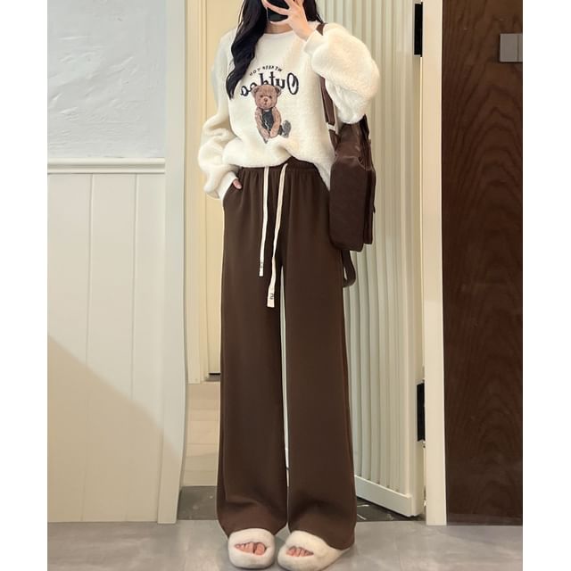 evanesce-Drawstring Waist Plain Corduroy Wide Leg Pants