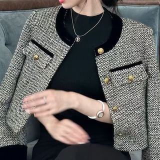 Everose-Crew Neck Contrast Trim Button-Up Tweed Crop Jacket