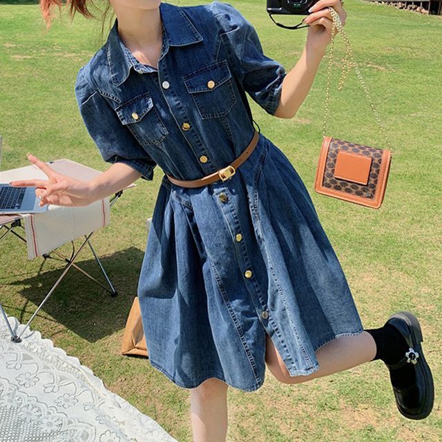 navy blue dress for baby girl Logan Button Up Midi Dress — Washed Denim