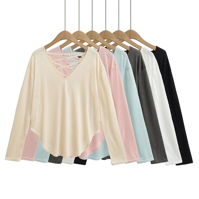 Ulark-Long Sleeve V-Neck Plain Lace Up Tee