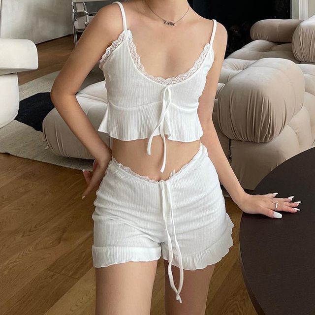 Honet Pajama Set: Lace Trim Crop Camisole Top High Waist