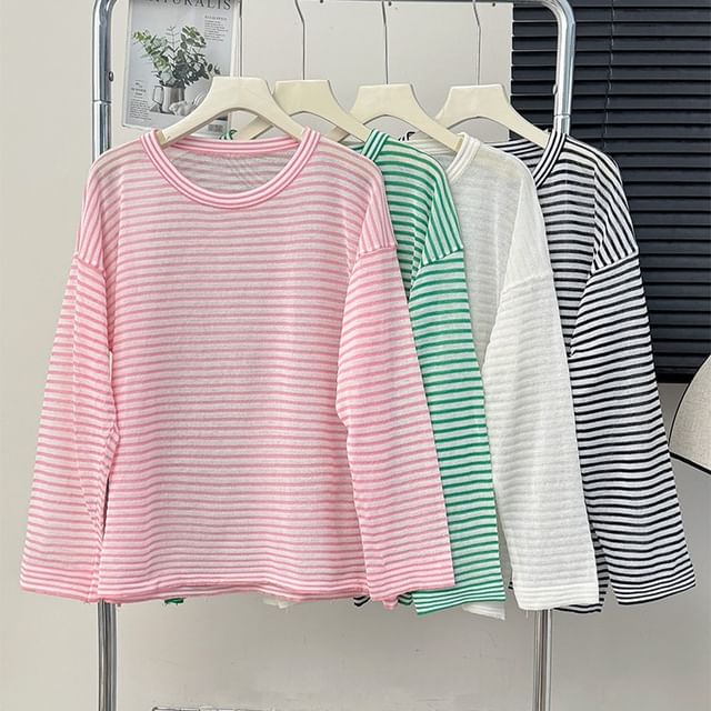 Lemongrass-Oversized Long-Sleeve Striped Light Tee