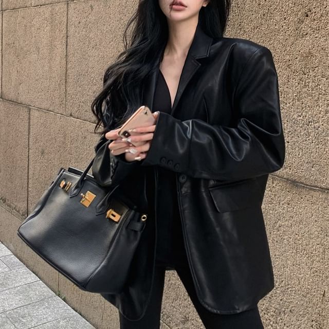 Kenning-Notch Lapel Plain Faux Leather Blazer