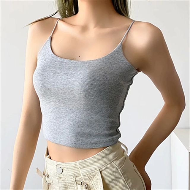 Asiris-Square-Neck Plain Slim-Fit Crop Cami Top