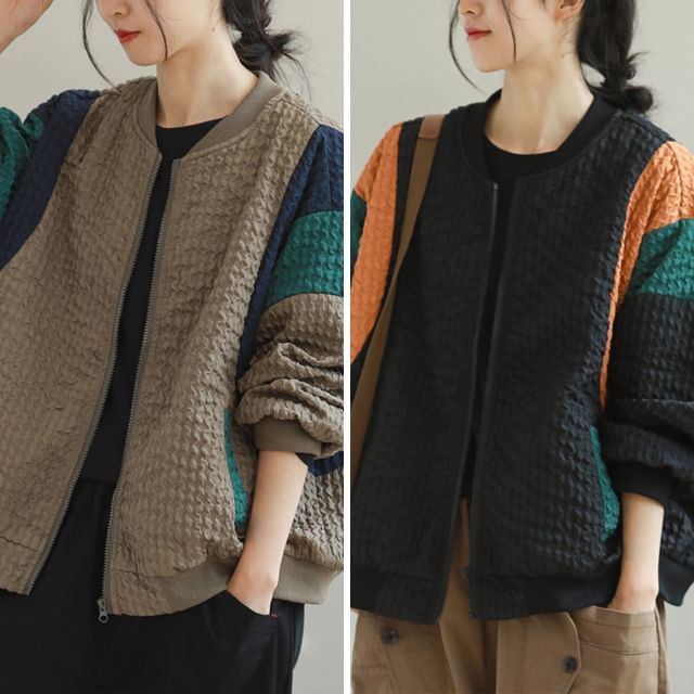 Supernova-Stand Collar Color Block Textured Zip-Up Jacket