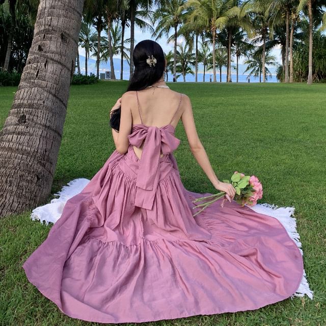 Juuri - Spaghetti Strap V-Neck Plain Ruched Bow Back Maxi A-Line Dress | YesStyle Juuri - Spaghetti Strap V-Neck Plain Ruched Bow Back Maxi A-Line Dress | YesStyle
