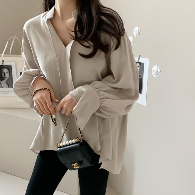 Happo-Collared Plain Blouse