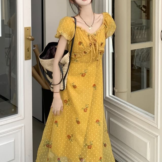beem floral midi dress Beem - Short-Sleeve V-Neck Floral Print Bow Accent Frill Trim Midi A-Line  Dress