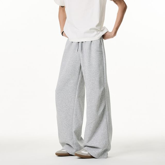 Vernanah-Drawstring Waist Plain Wide Leg Sweatpants