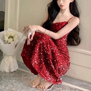 Magma-Spaghetti Strap Cowl Neck Sequin Maxi A-Line Dress