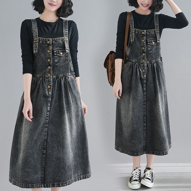 Lewwe-Washed Denim Midi Jumper Dress