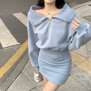 Metonymph Long-Sleeve Collared Plain Half Zip Mini Sheath Sweatshirt Dress