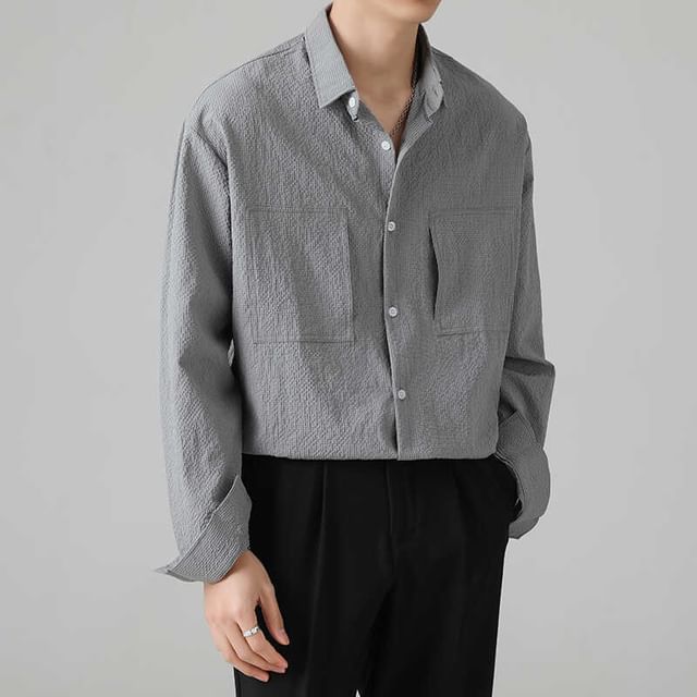 Phoneus-Long Sleeve Collared Plain Pocketed Button Down Shirt