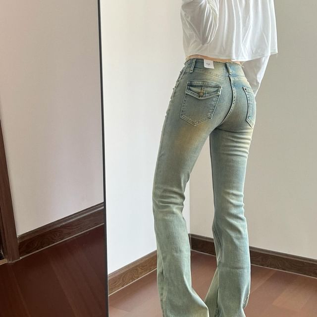 KUMI-Low Waist Studded Washed Ripped Bootcut Jeans