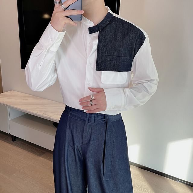 Drawouf-Long-Sleeve Stand Collar Denim Panel Button-Up Shirt