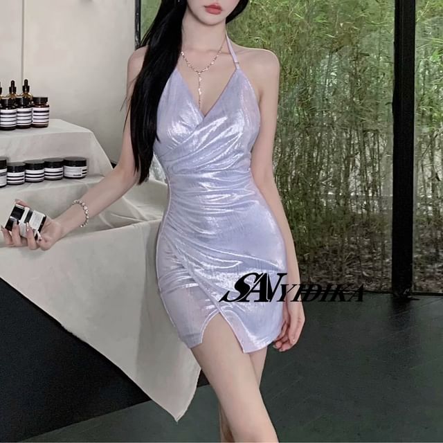 SANQI - Halter Neck Glossy Mini Bodycon Dress | YesStyle