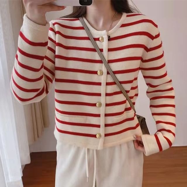 FR-Round Neck Striped Cardigan