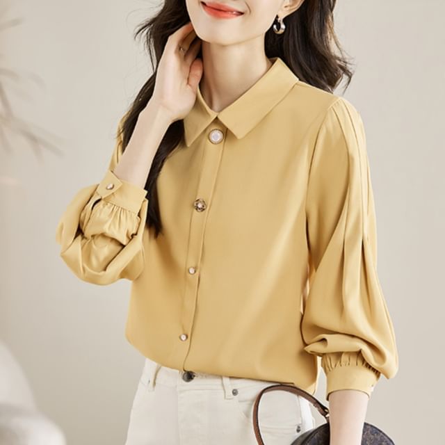 Dragan Pulse-Long-Sleeve Collared Plain Button-Up Blouse