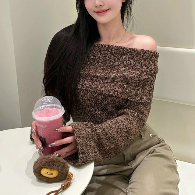 Ulark-Off-Shoulder Melange Cropped Sweater