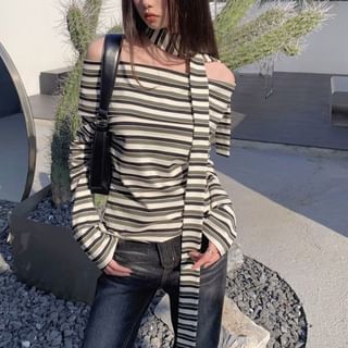 OUREA-Long-Sleeve Off-Shoulder Striped Tee