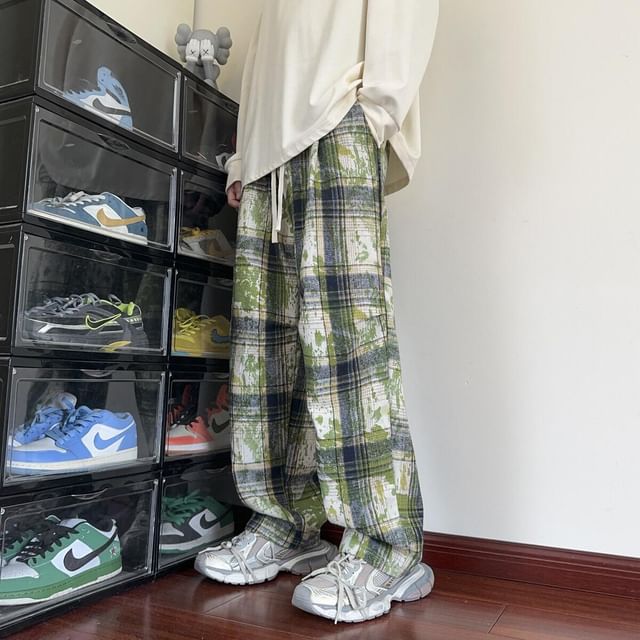 Priam-Drawstring Waist Plaid Wide Leg Pants
