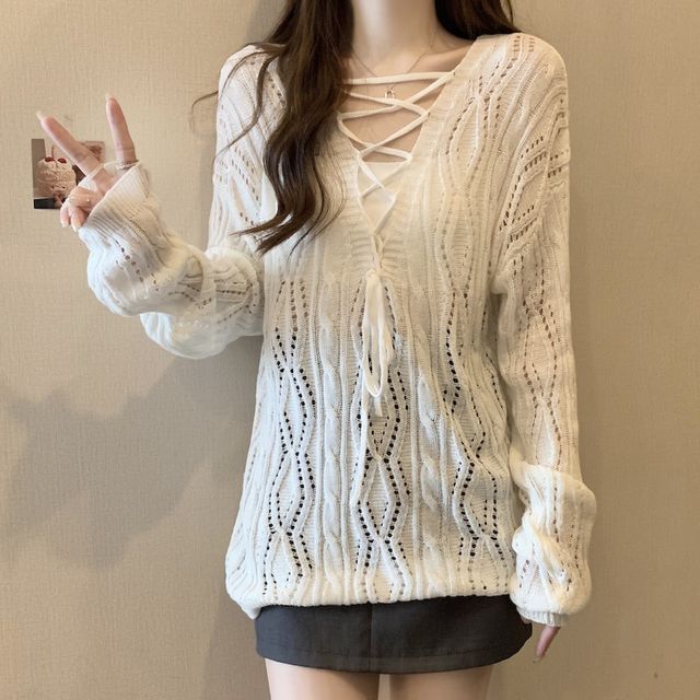V Neck Lace Up Long Sleeve Knitting Plain Sweaters V Neck Lace Up Long Sleeve Knitting Plain Sweaters