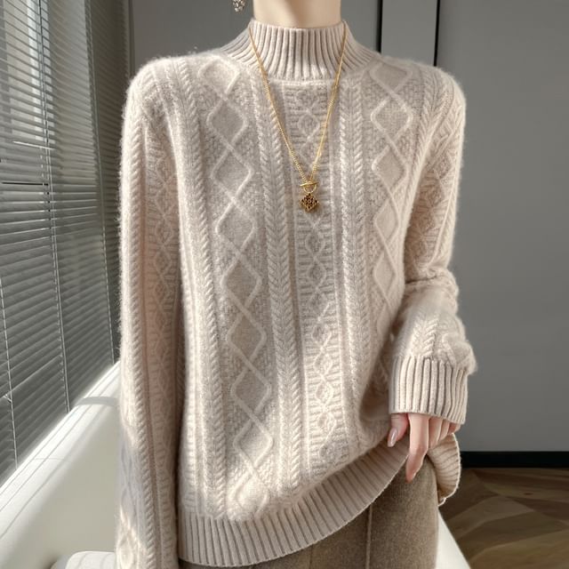 Weelop-Mock Neck Cable Knit Plain Sweater