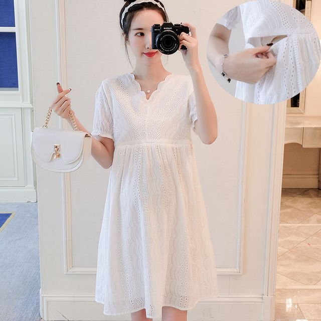 Levsayte - Maternity Short-Sleeve V-Neck Plain Lace Trim Smock Dress |  YesStyle