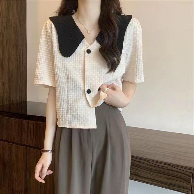 Everose-Short-Sleeve Collared Two Tone Double Breasted Blouse