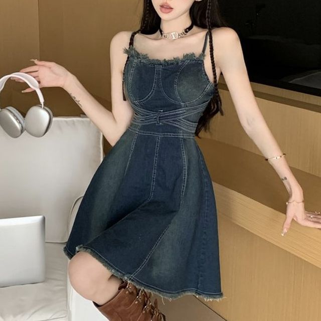 yesstyle denim dress Daynum - Halter-Neck Washed Cutout Paneled Mini Denim Bodycon Dress