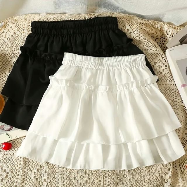 DIYI-High Waist Plain Ruffle Mini A-Line Skirt