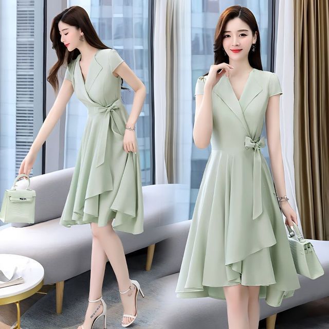 Sienne-Cap Sleeve Collared Plain Ruffle A-Line Wrap Dress