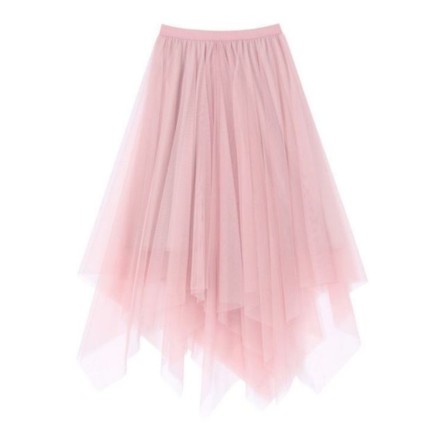 Sisyphi-High Waist Plain Sheer Panel Midi A-Line Skirt