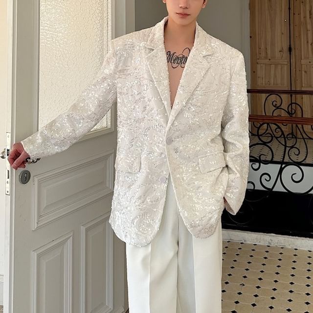 Omozando-Lapel Neck Sequined Single Breasted Blazer
