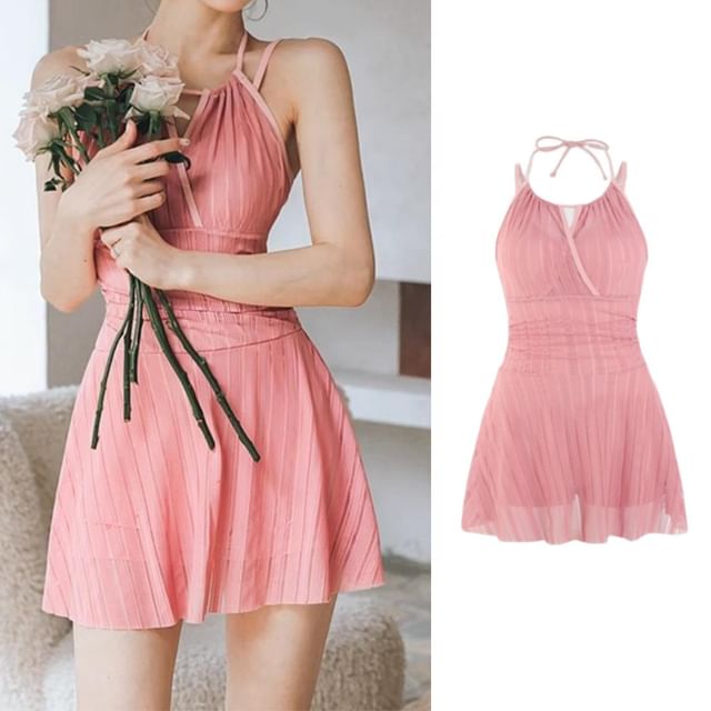 CUCURBIT-Spaghetti Strap Contrast Trim Swimdress