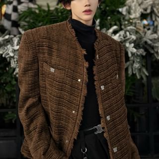 ravewider-Crew Neck Frayed Button-Up Tweed Jacket