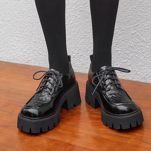 Black Leather Chunky Lace Up Shoes | New Look