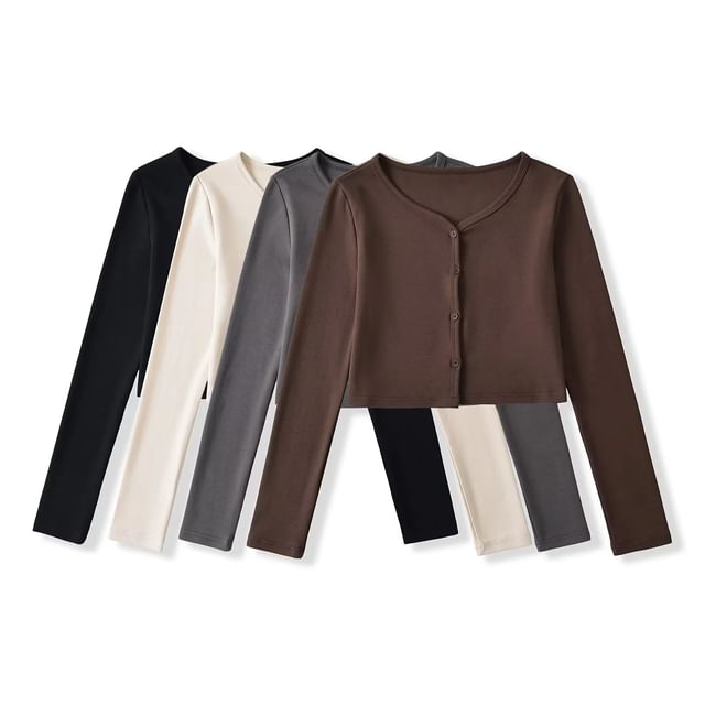 Asiris-Long Sleeve V-Neck Plain Button Up Cropped Cardigan