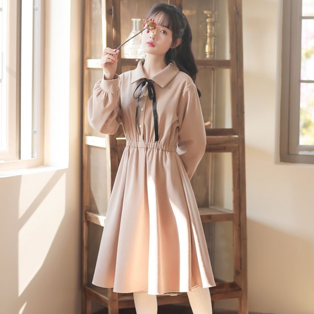 Sweetfern - Long-Sleeve Collar Plain Midi A-Line Dress | YesStyle Sweetfern - Long-Sleeve Collar Plain Midi A-Line Dress | YesStyle
