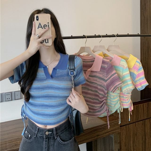 Allinya-Short-Sleeve Collar Striped Drawstring Crop Knit Top