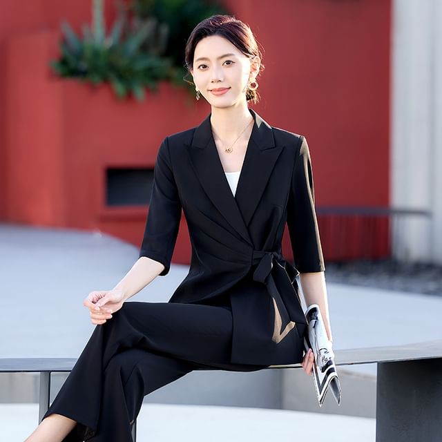 Ailani Plain Surplice Blazer With Flare Pants