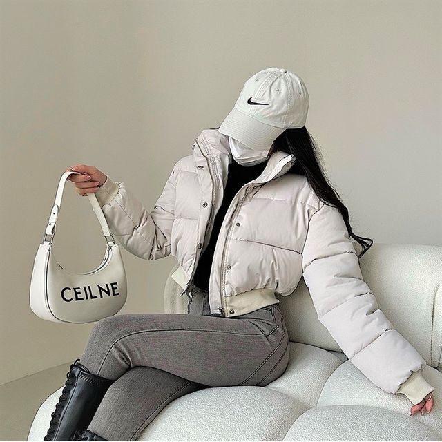 RainGirl-Stand Collar Plain Zip Puffer Jacket