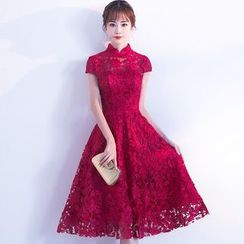 Short-Sleeve Lace Trim High Low Cocktail Dress