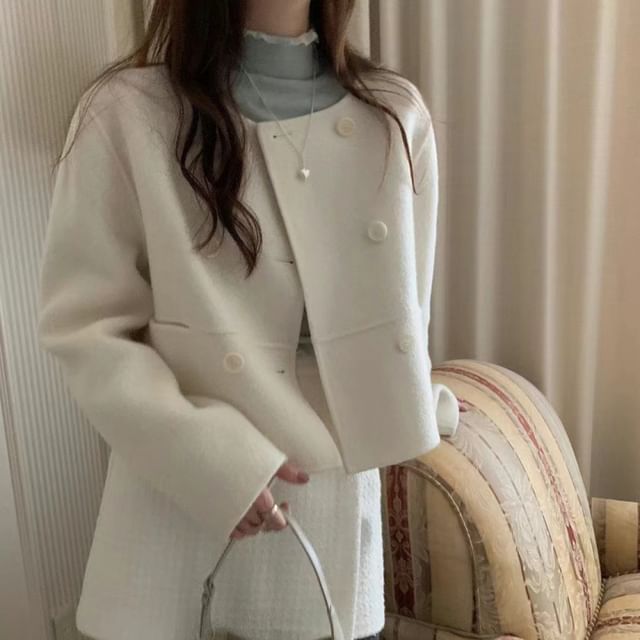 Jesong-Crew Neck Double-Breasted Plain Crop Jacket