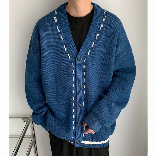 Freehop-V-Neck Contrast Trim Cardigan