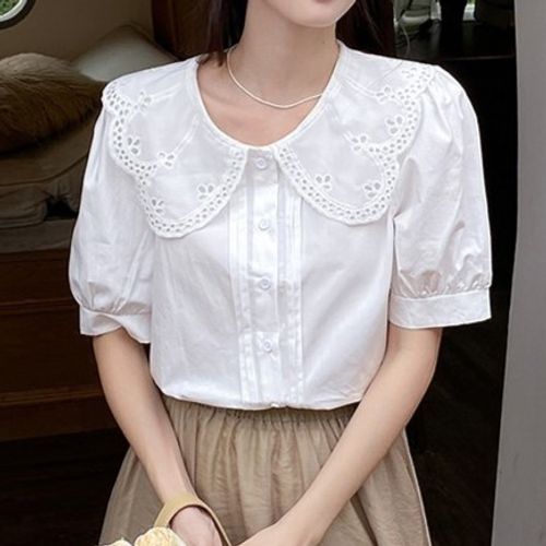 Short-Sleeve Embroidered Collar Blouse