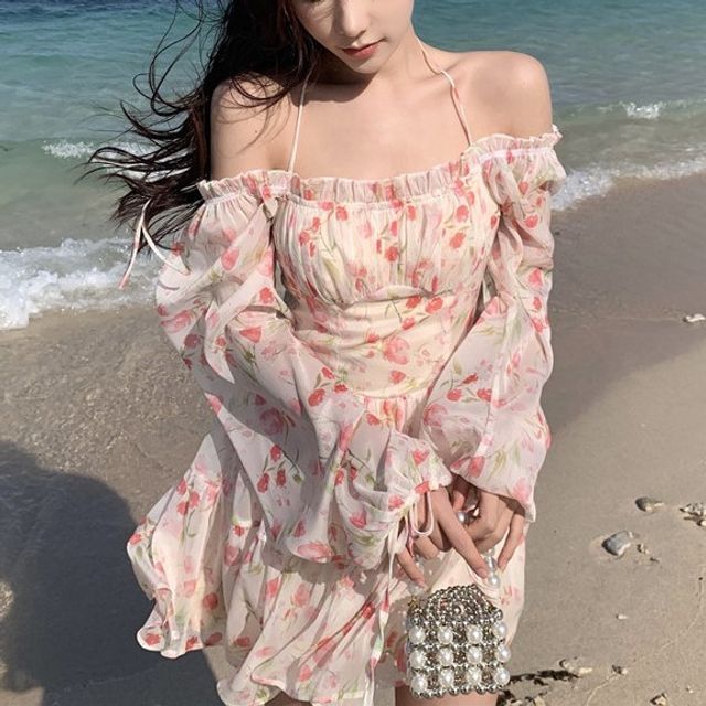 Faiar - Long-Sleeve Cold Shoulder Floral Mini A-Line Dress | YesStyle