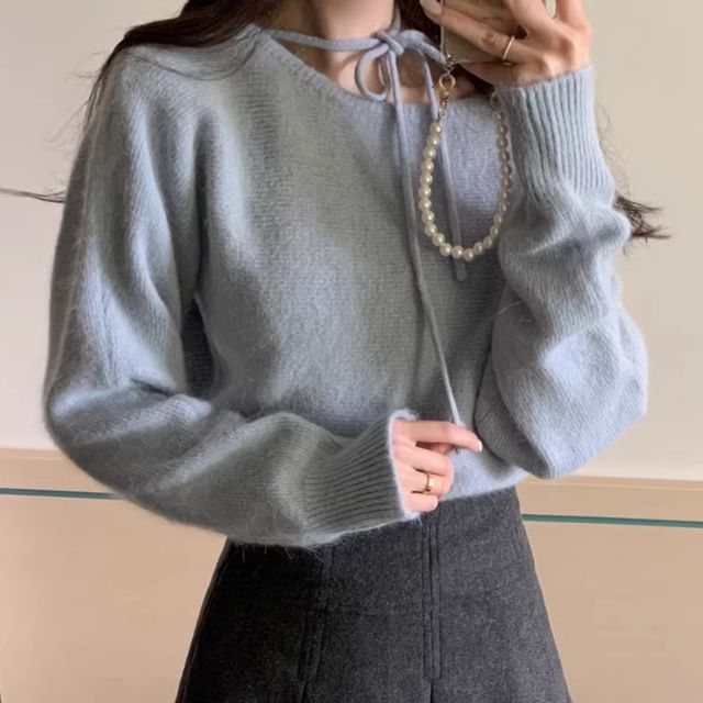 Odestra-Asymmetrical Neck Plain Sweater